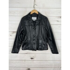 Wilsons Leather Jacket Womens Large Black Button Front Lined Blazer Short